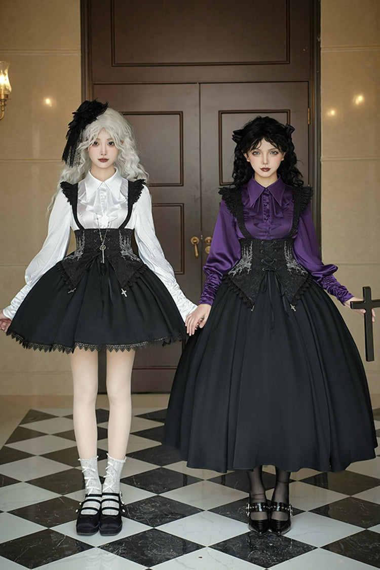 Black [Night of Thorns] Sleeveless Embroidery Lace-Up Gothic Lolita Strap Breast Support Dress 2 Versions - Product - 2