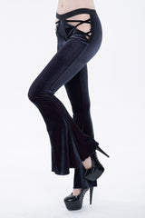 Black/Red Velvet Low-Rise Ribbon Cutout Flare Women's Gothic Pants - Product - 3