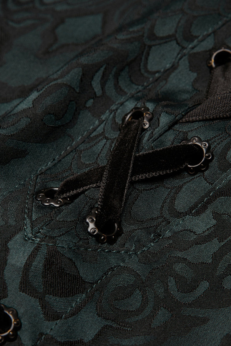 Jacquard Long Sleeve Front Metal Eyelets Lace Up Metal Carving Buckle Cuff Men's Gothic Shirt 3 Colors - Product - 19