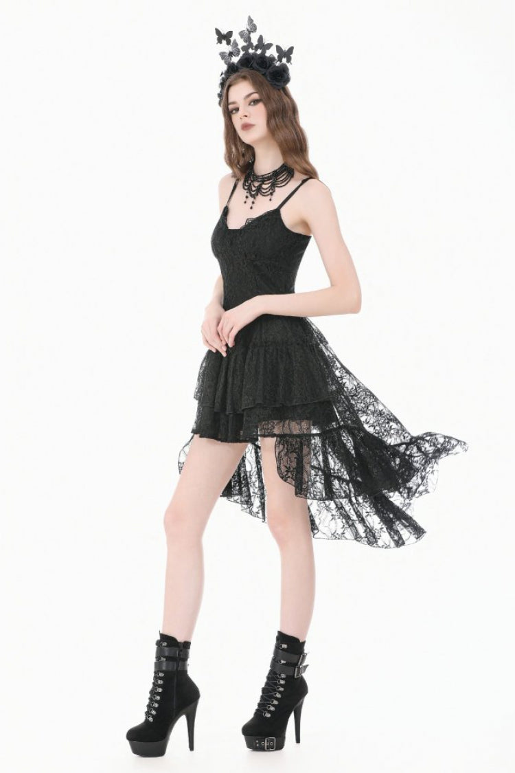 Black Women's Gothic Vintage Lace Multi-Layered Ruffled High-Low Slip Dress - Product - 10