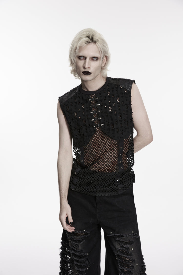 Black Spliced Mesh Ripped Studded Eyelet Men's Punk Cool Vest - Product - 8