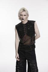 Black Spliced Mesh Ripped Studded Eyelet Men's Punk Cool Vest - Product - 8