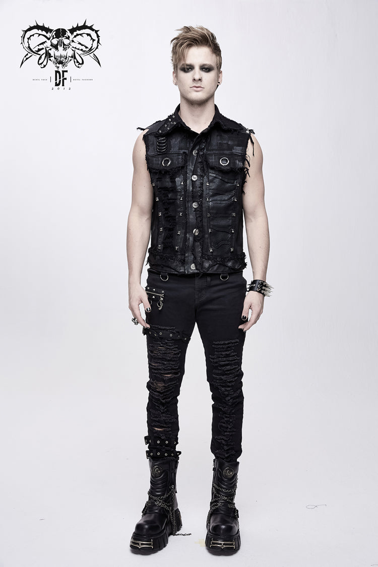 Black Heavy Metal Rivet Back Printed Coarse Twill Worn Out Men's Punk Waistcoat - Product - 5
