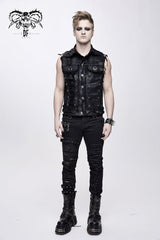 Black Heavy Metal Rivet Back Printed Coarse Twill Worn Out Men's Punk Waistcoat - Product - 5