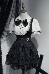 Black/White [Dream Night Song] Short Sleeves Stripe Print Bowknot Lace Gothic Jirai Kei Dress - Black/White - 1