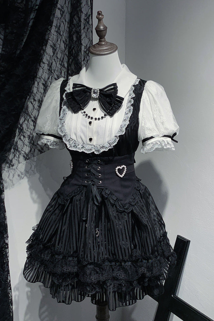 Black/White [Dream Night Song] Short Sleeves Stripe Print Bowknot Lace Gothic Jirai Kei Dress - Black/White - 1