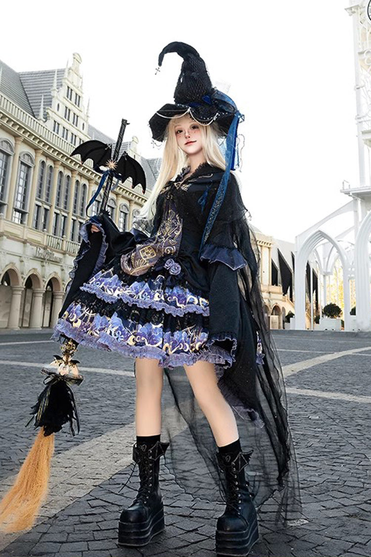 Black [Astrology Cat] Long Sleeves Double-Layered Print Ruffle Lace Gothic Lolita Dress - Product - 5