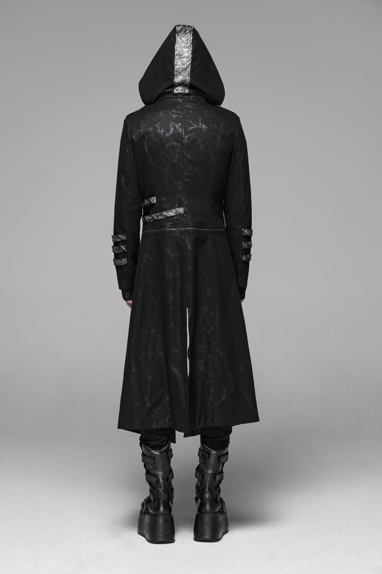Black Stand Collar Stretch Twill Fabric Hooded Men's Gothic Long Jacket - Product - 2