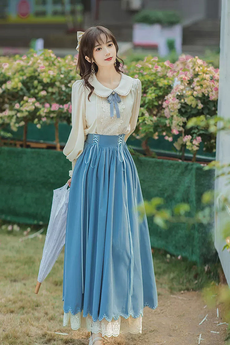 Blue Lapel Collar Long Sleeves High Waisted Lace-Up Wave Hem Classic Lolita Two-Piece Skirt Set - Product - 3