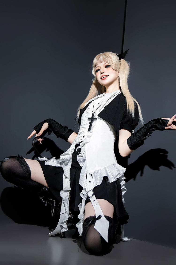 White Ruffle Irregular Clown Pointed Collar Gothic Ouji Lolita Blouse - Product - 9