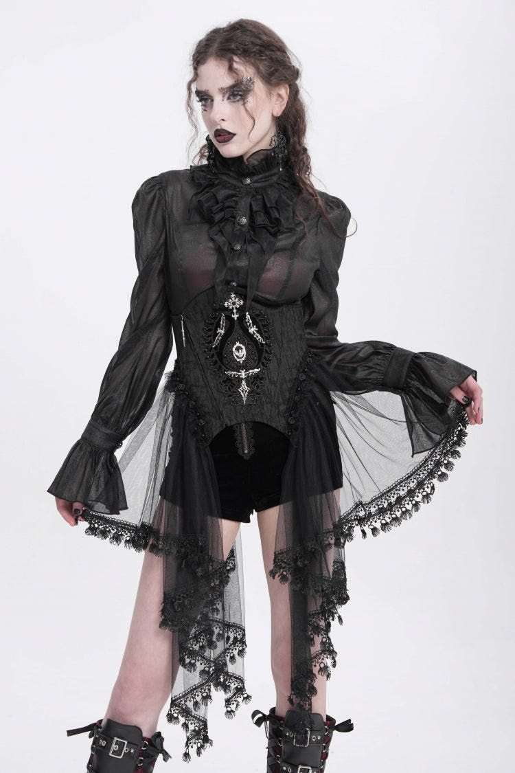 Black Stitching Lace Lace-Up Mesh Women's Gothic Underbust Corset - Black - 1