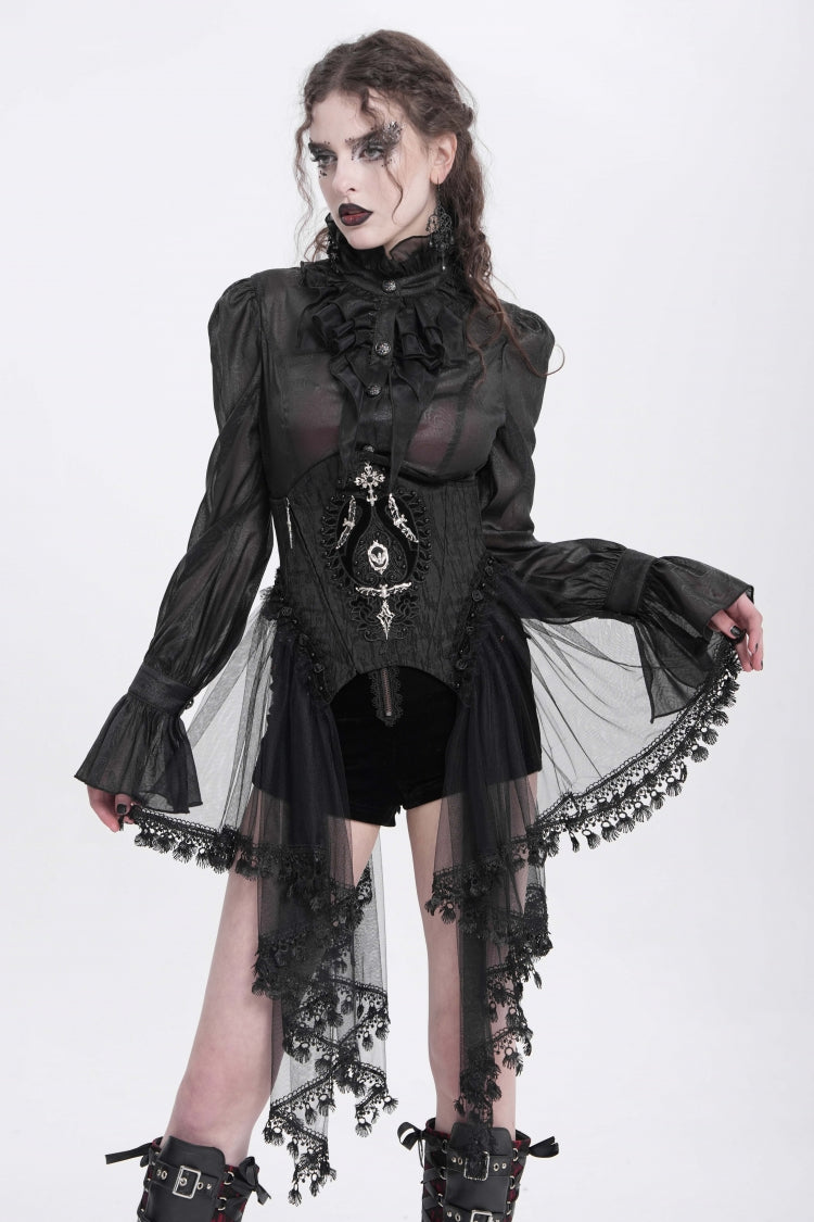 Black Stitching Lace Lace-Up Mesh Women's Gothic Underbust Corset - Black - 1