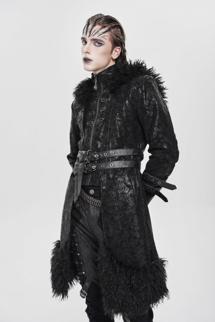 Black Stand Collar Long Sleeves Lace-Up Slim  Zippered Men's Punk Coat with Detachable Belt - Product - 13