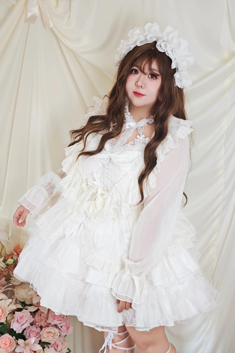 White Sleeveless Multi-Layered Ruffled Bow Lace Pearl-Decorated Sweet Plus Size Lolita Dress - Product - 9