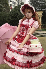 Red [Ribbon Berries] Sleeveless Multi-Layered Ruffle Bowknot Lace Sweet Lolita Jsk Dress - Product - 14