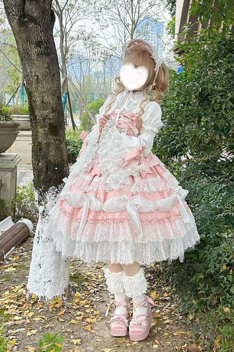 Pink Sleeveless Multi-Layered Ruffle Bowknot Lace Sweet Plus Size Lolita Jsk Dress - Product - 5