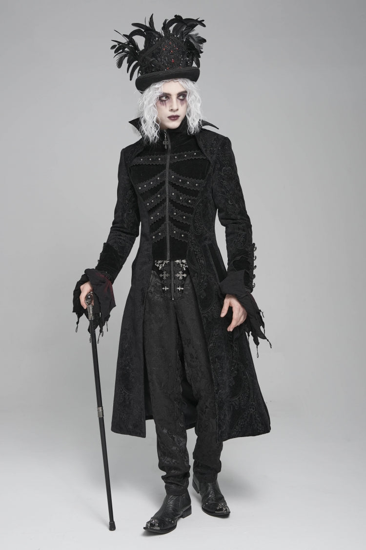 Black Diamante Stand Collar Long Sleeves Printed Zippered Men's Gothic Long Coat - Product - 11