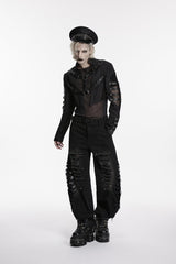 Black Stand Collar Long Sleeves Spliced Lace-Up Mesh Studded Buckled Eyelet Men's Punk Jacket - Product - 3