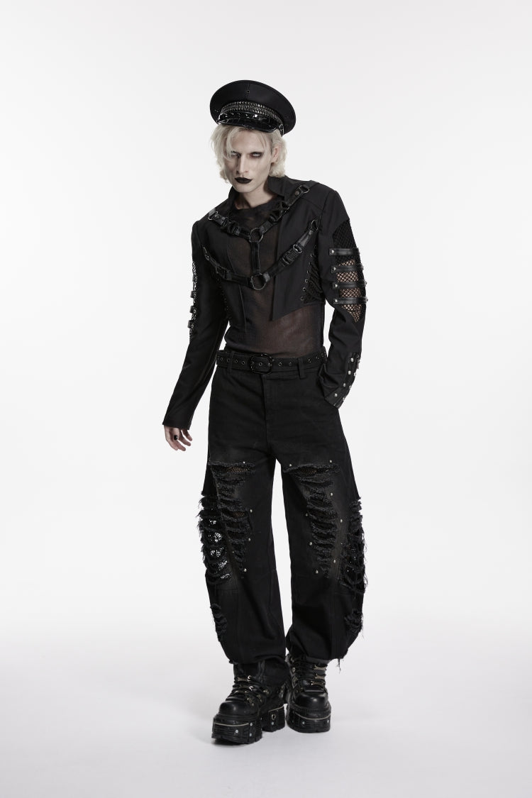 Black Stand Collar Long Sleeves Spliced Lace-Up Mesh Studded Buckled Eyelet Men's Punk Jacket - Product - 3