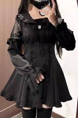 Black [Truffle Forest] Long Sleeves Ruffle Stitching Lace-Up Jirai Kei Japanese Dress Shorts Set - Product - 2