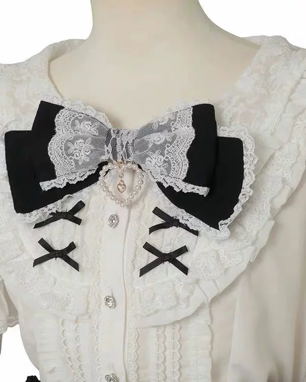 Sweet Short Sleeves Jacquard Ruffled Bow Lolita Blouse 3 Colors - Product - 4