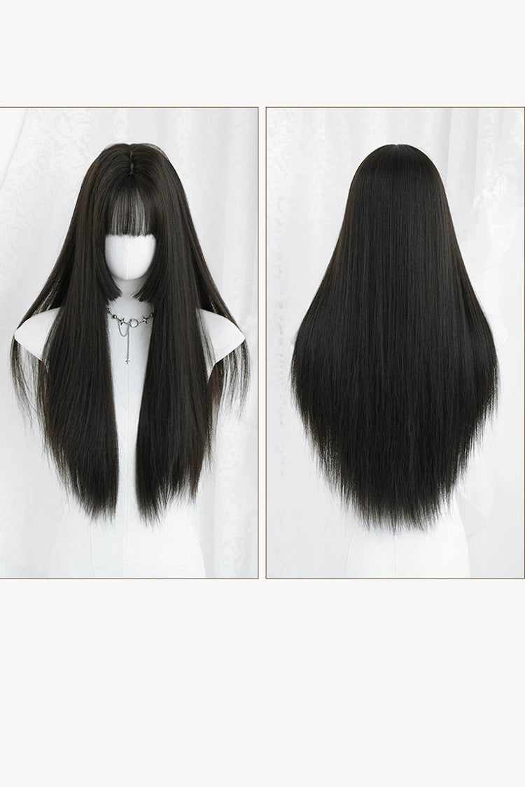 Black Brown Face-Framing Hime Cut Long Straight Wig with Full Bangs - Product - 8