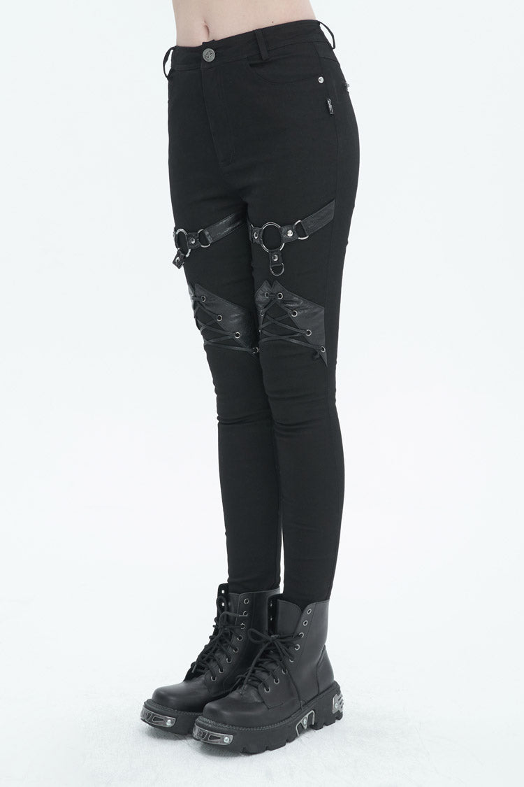 Black Slightly Elastic Twill Pu Tie Rope Decoration Women's Punk Trousers - Product - 3