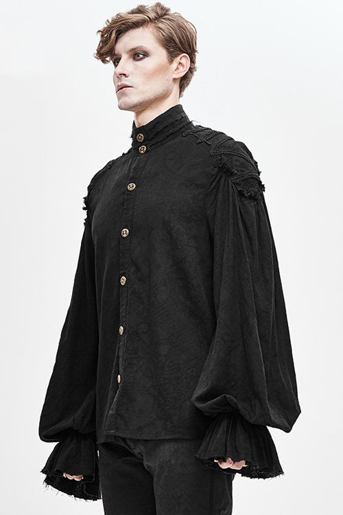 Black Straight Collar Puff Sleeve  Jacquard Mens Punk Blouse - Product - 2