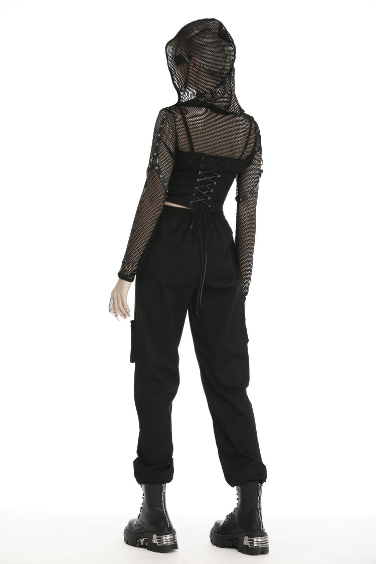 Black Long Sleeves Fishnet Mesh Women's Gothic Punk Hooded Cape - Product - 4