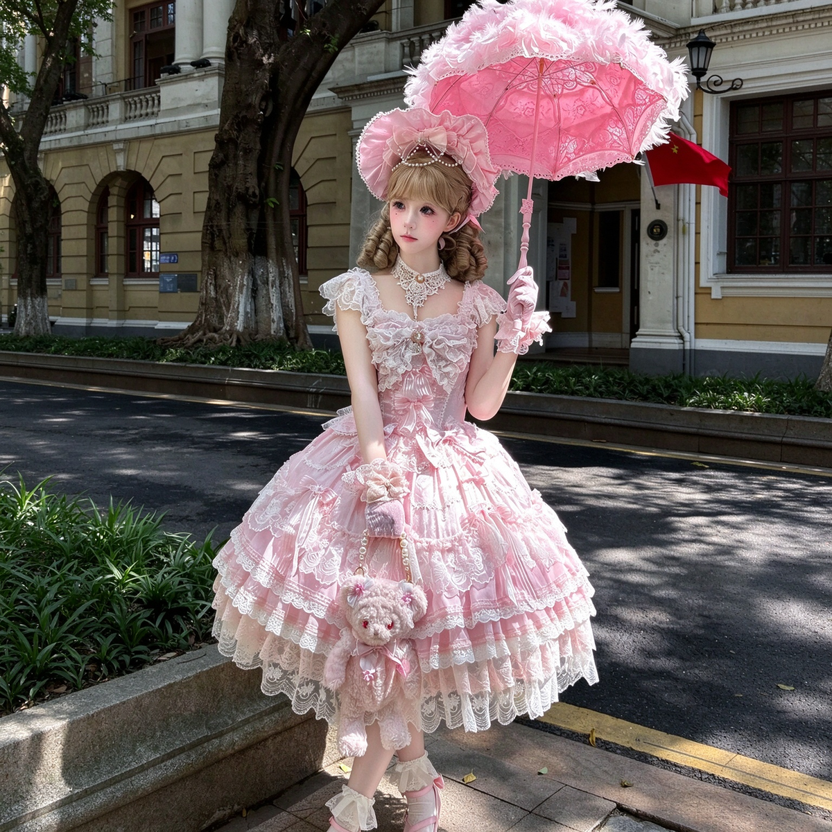 Elegant Ruffled Lace Lolita Dress Set with Bow Accents - view 8