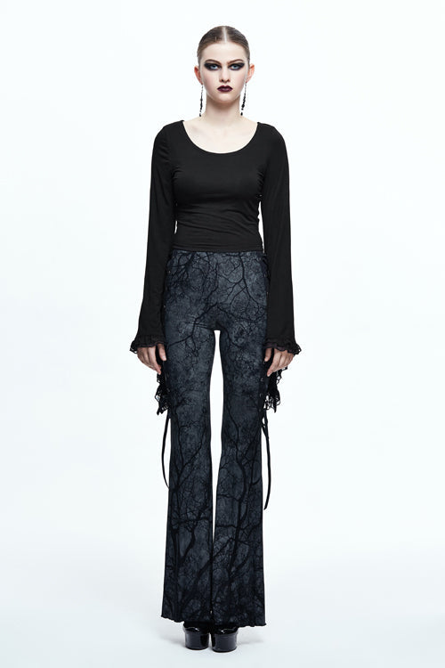 Black Mysterious Forest Gothic Branch Printing Bellbottom Womens Pants - Product - 5