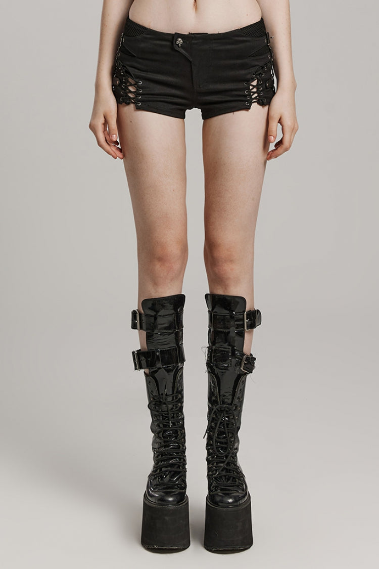 Black Lace-Up Mesh Buckle Women's Punk Shorts - Black - 1