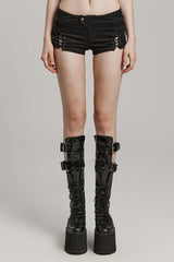 Black Lace-Up Mesh Buckle Women's Punk Shorts - Black - 1