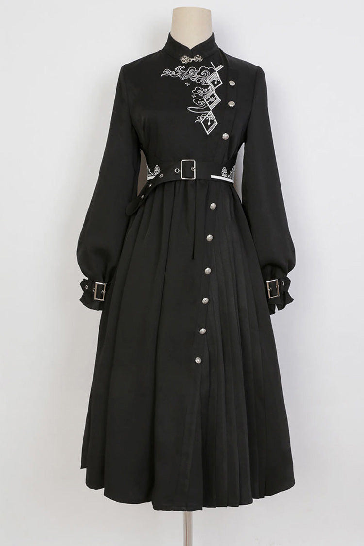 Black Mysterious Long Sleeves Chinese Style Single Breasted High Waisted Print Hanfu Dress - Product - 2