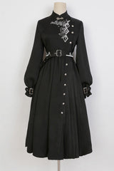 Black Mysterious Long Sleeves Chinese Style Single Breasted High Waisted Print Hanfu Dress - Product - 2