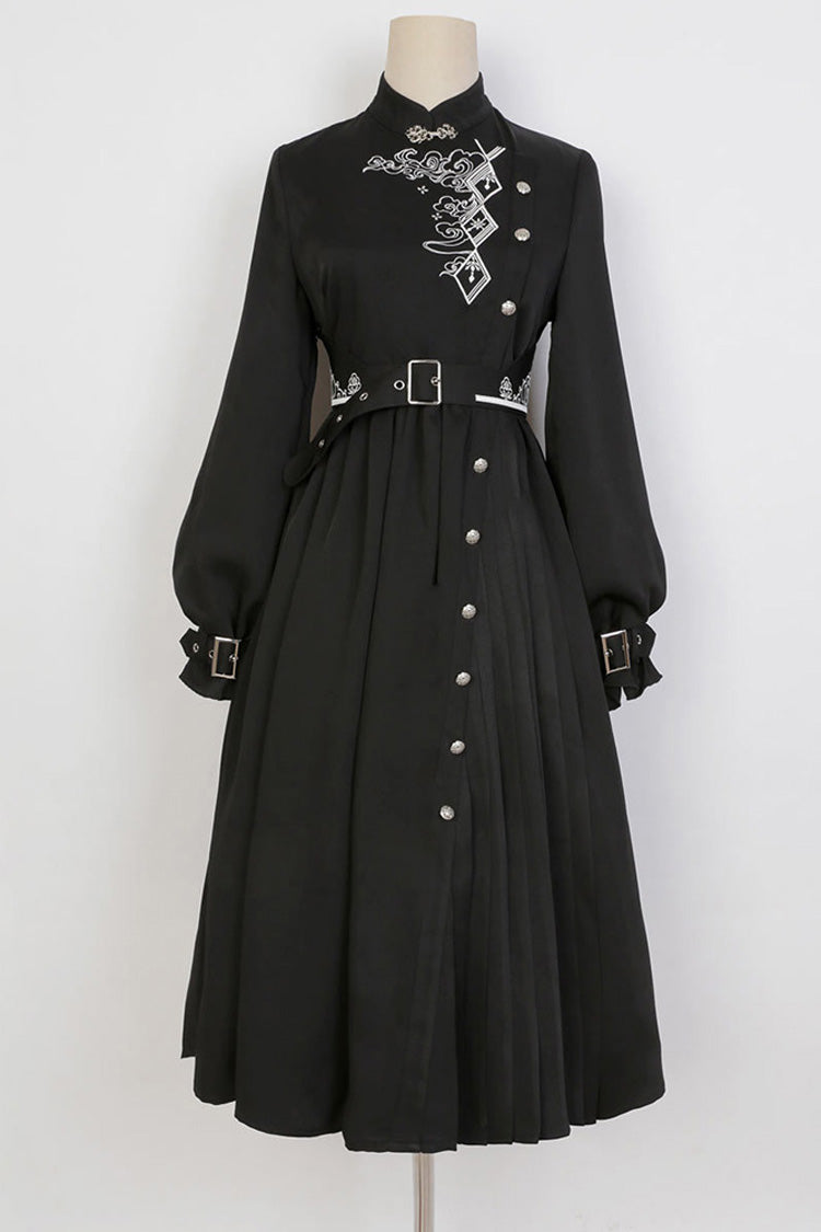 Black Mysterious Long Sleeves Chinese Style Single Breasted High Waisted Print Hanfu Dress - Product - 2