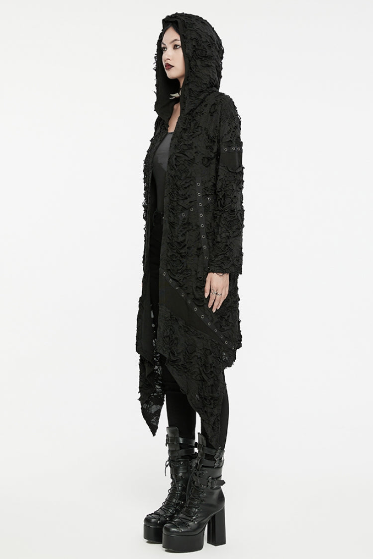 Black Ruffle Hooded Ripped Asymmetric Women's Punk Long Coat - Product - 3