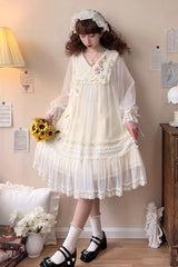 Ivory [Sunflower Diary] Long Sleeves Ruffle Embroidery Bowknot Lace Chiffon Sweet Princess Lolita Dress - Product - 11