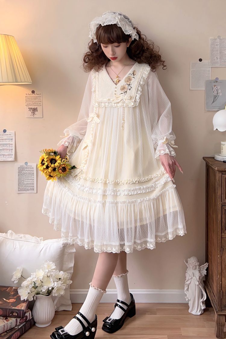 Ivory [Sunflower Diary] Long Sleeves Ruffle Embroidery Bowknot Lace Chiffon Sweet Princess Lolita Dress - Product - 11