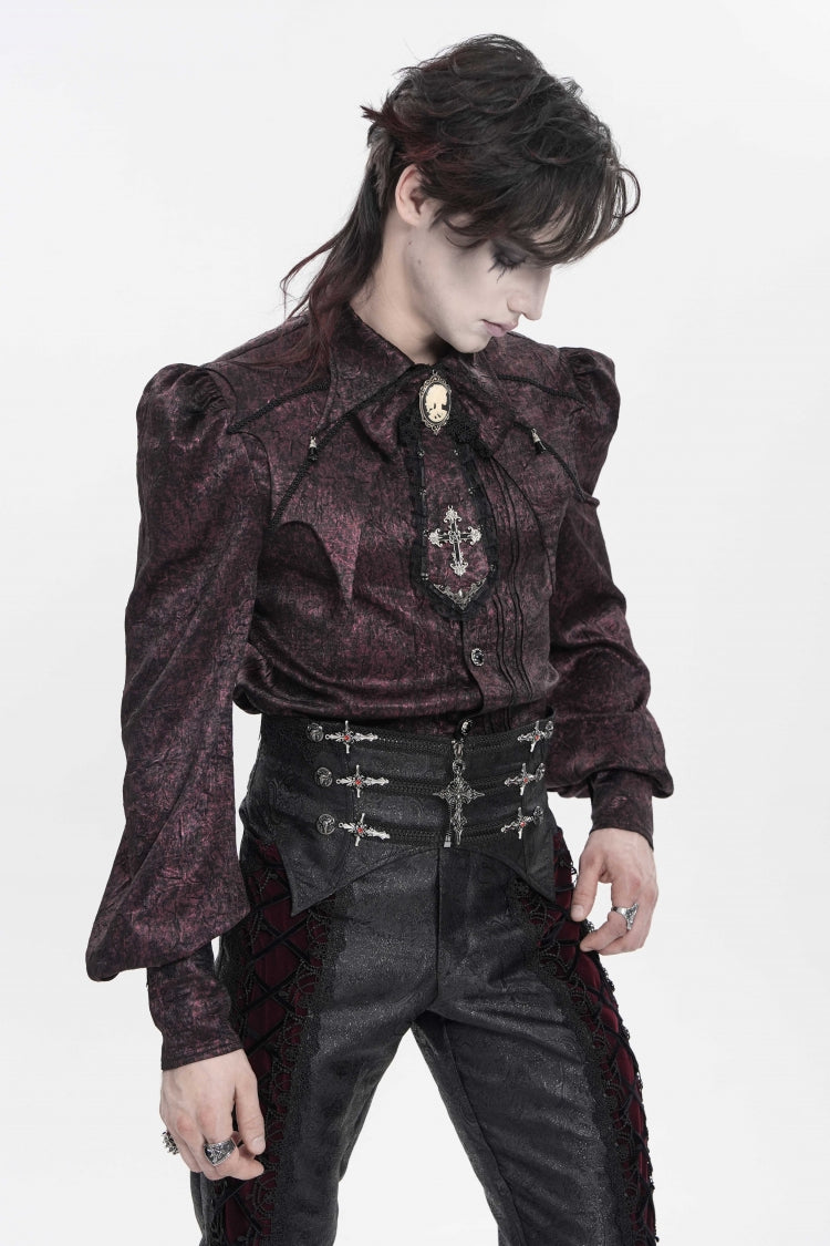 Red Lapel Collar Long Lantern Sleeves Jacquard Bow Men's Gothic Shirt - Product - 13