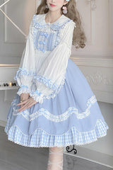 Blue Lapel Collar Bowknot Multi-Layer Ruffled Sweet Lolita JSK Dress - Blue - 1