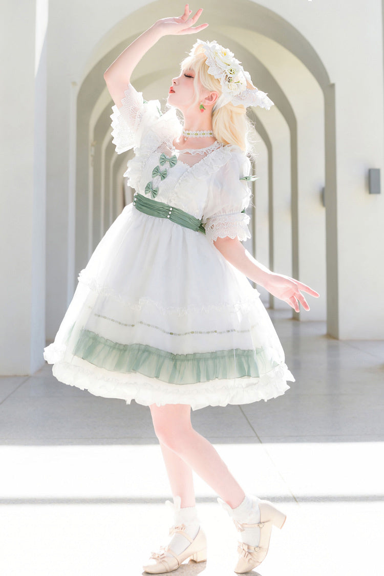 [Moonlight Sonata] Short Sleeves Ruffle Bowknot Lace Sweet Lolita Dress 4 Colors - Green/White - 3