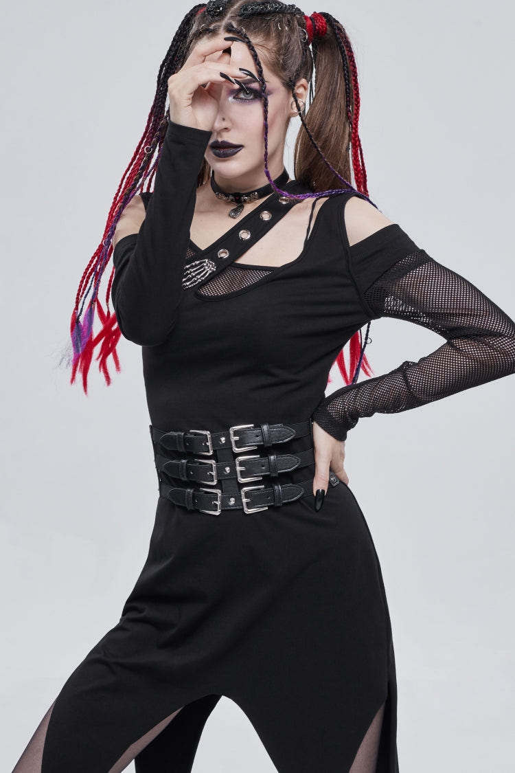 Black Cut-Out Slim Fit Studded Buckled Women's Gothic Faux Leather Girdle - Product - 7