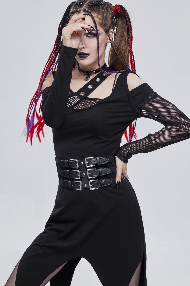 Black Cut-Out Slim Fit Studded Buckled Women's Gothic Faux Leather Girdle - Product - 7