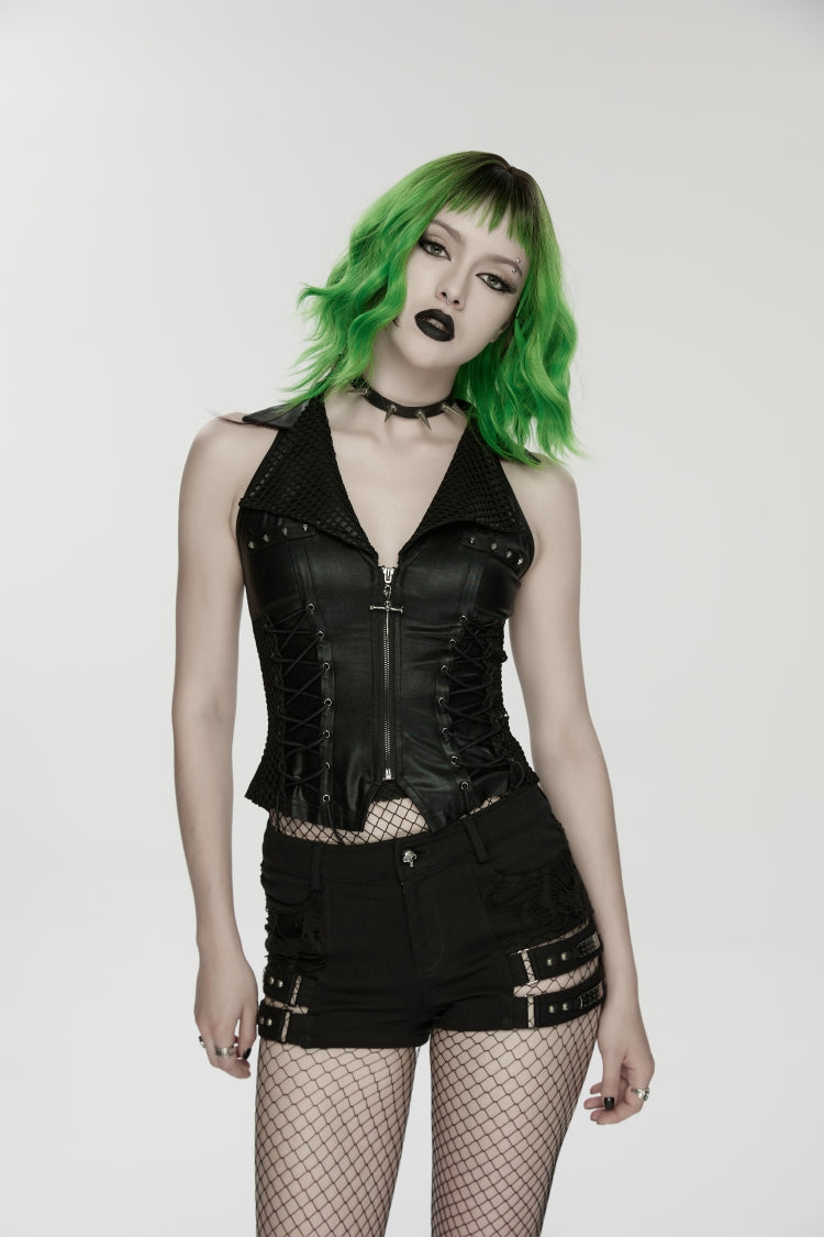 Black Lapel Collar Sleeveless Lace-Up Slim Fit Studded Women's Punk Cool Vest - Product - 7