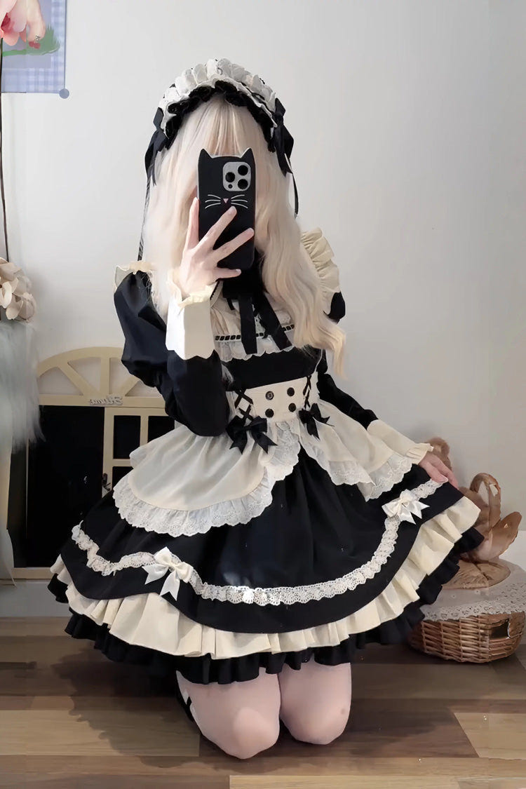 Black/White Short Sleeves Triple-Layered Ruffle Bowknot Lace Sweet Plus Size Maid Lolita Dress Set - Product - 9