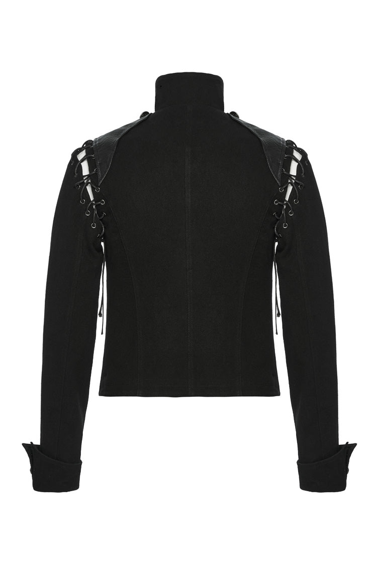 Black/Silver Stand Collar Long Sleeves Lace-Up Buttons Men's Punk Jacket - Product - 7