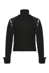 Black/Silver Stand Collar Long Sleeves Lace-Up Buttons Men's Punk Jacket - Product - 7