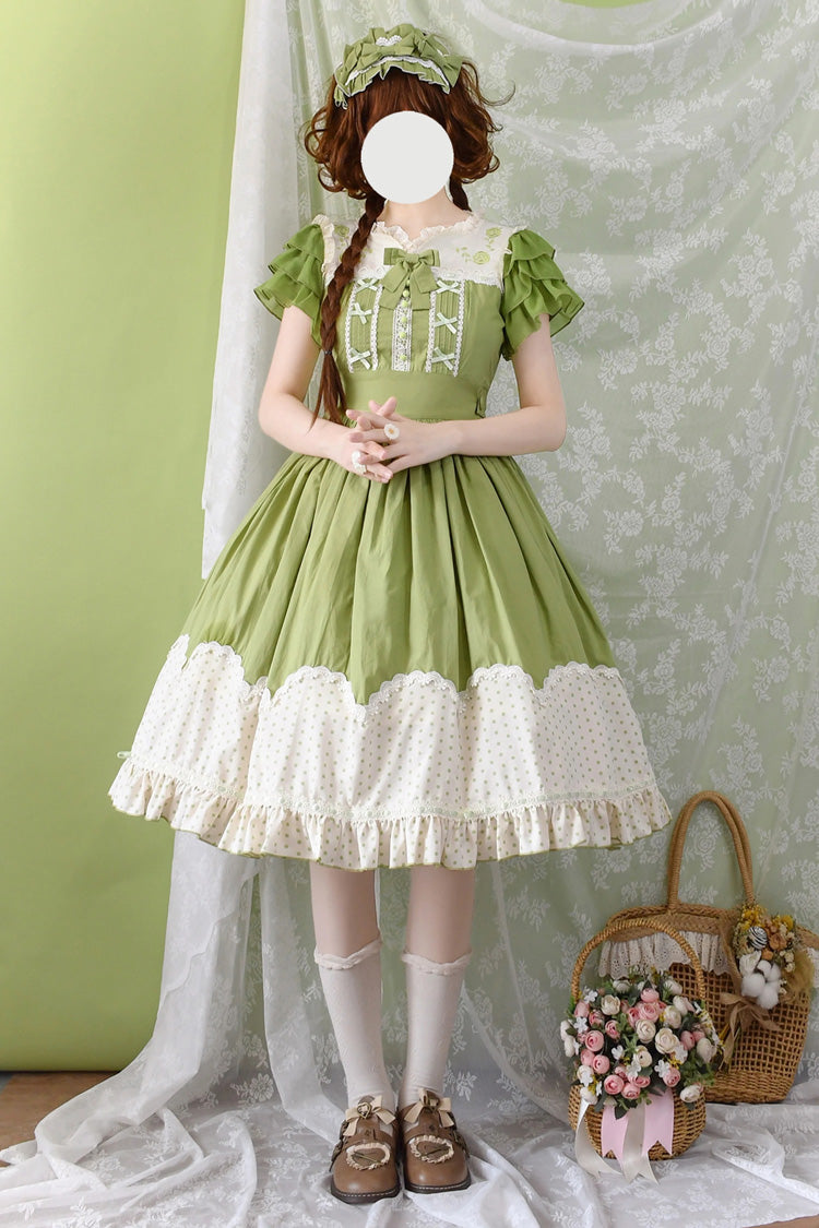 [Summer Wind] Short Sleeves Polka Dot Print Ruffle Embroidery Sweet Lolita Dress 3 Colors - Green - 1