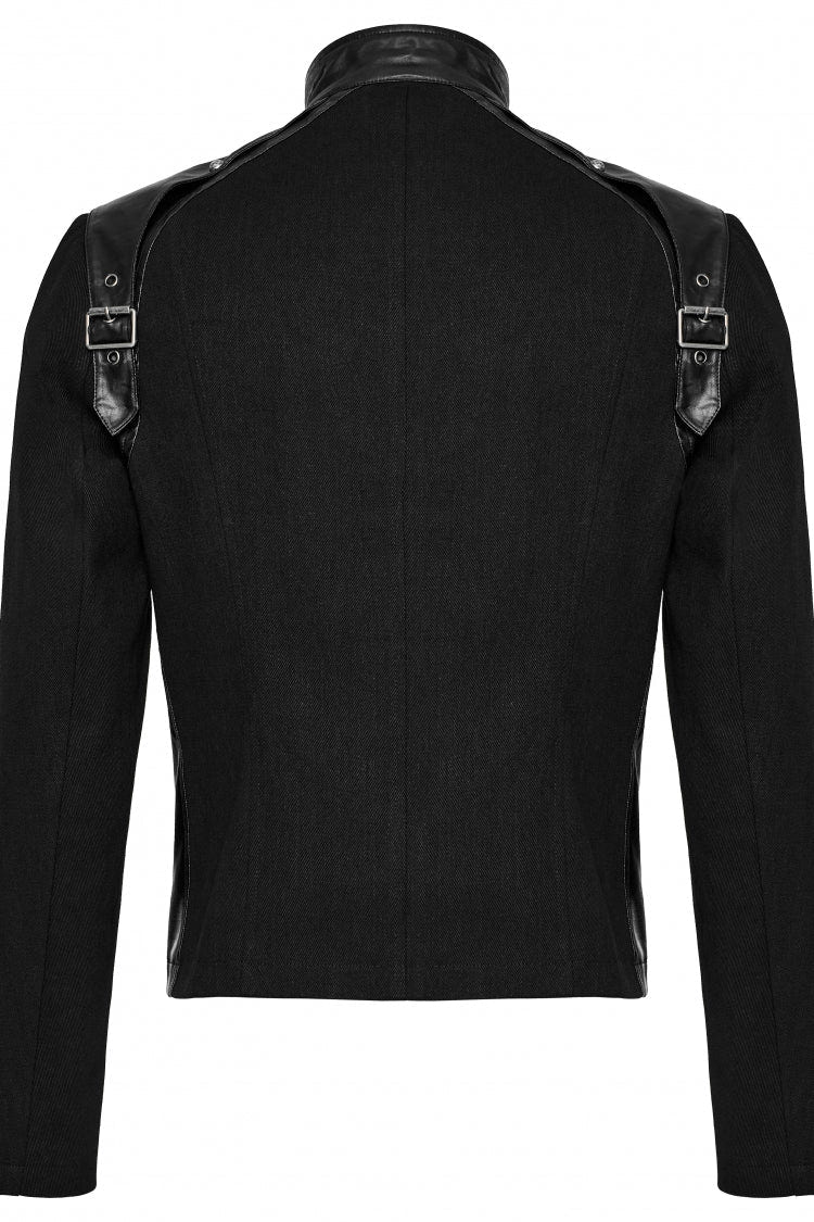 Black Round Collar Multi-Buckles Straps Faux Leather Men's Punk Jacket - Product - 6